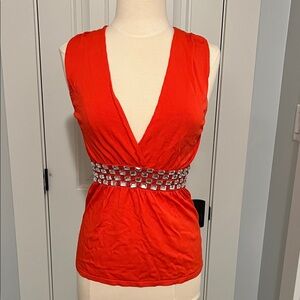 Cache V-Neck Red Blouse with Silver Detailing